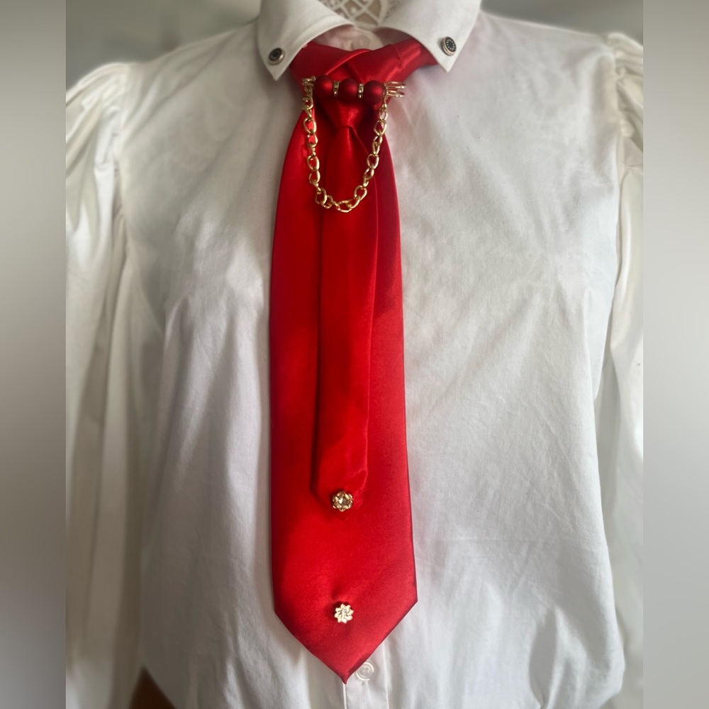 Custom made Elegant Red Necktie with Gold Chain and brooch